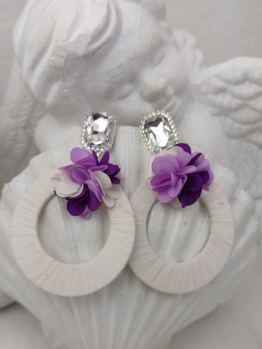 Crystal Post Purple Flower Wrapped White Hoop Drop Earrings Purple & White